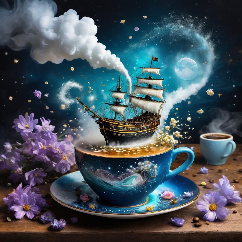 Surreal Tornado of Flowers Over Coffee Cup