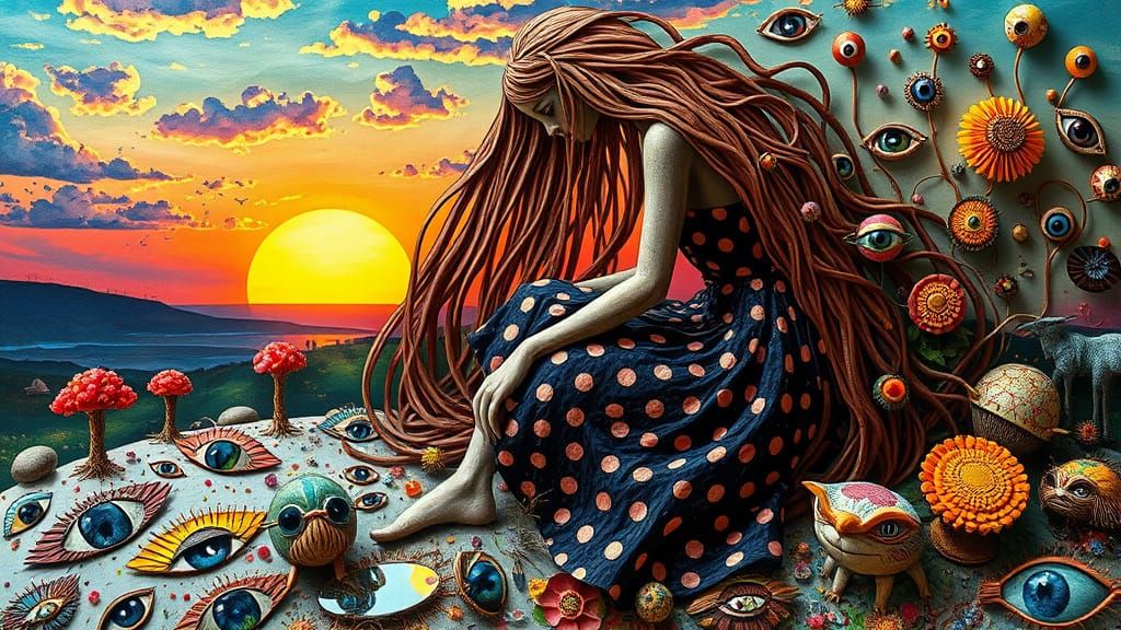 Surreal Sculpture: Woman, Sunset, and Cracked Mirrors