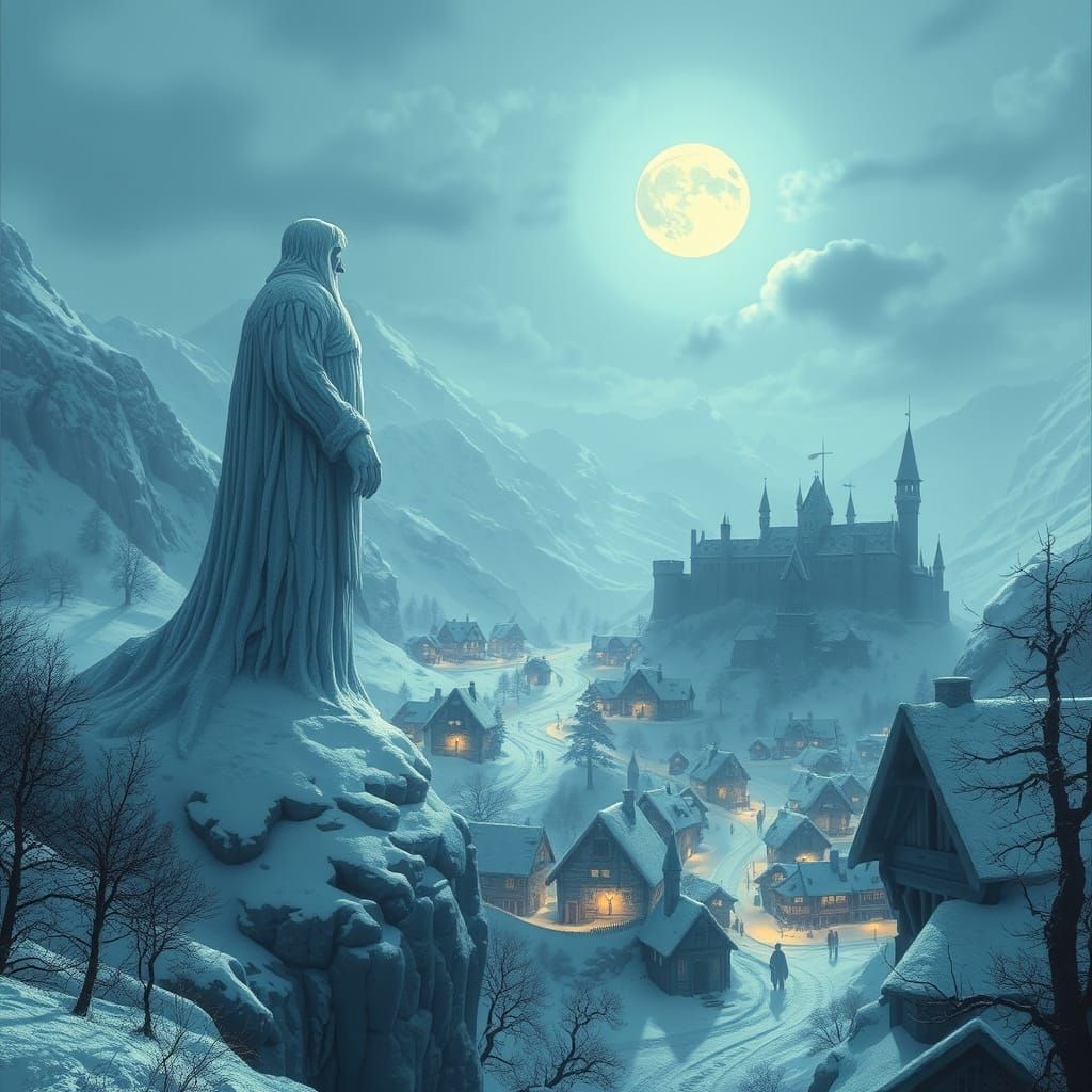 Frosty Medieval Landscape Under Moonlight