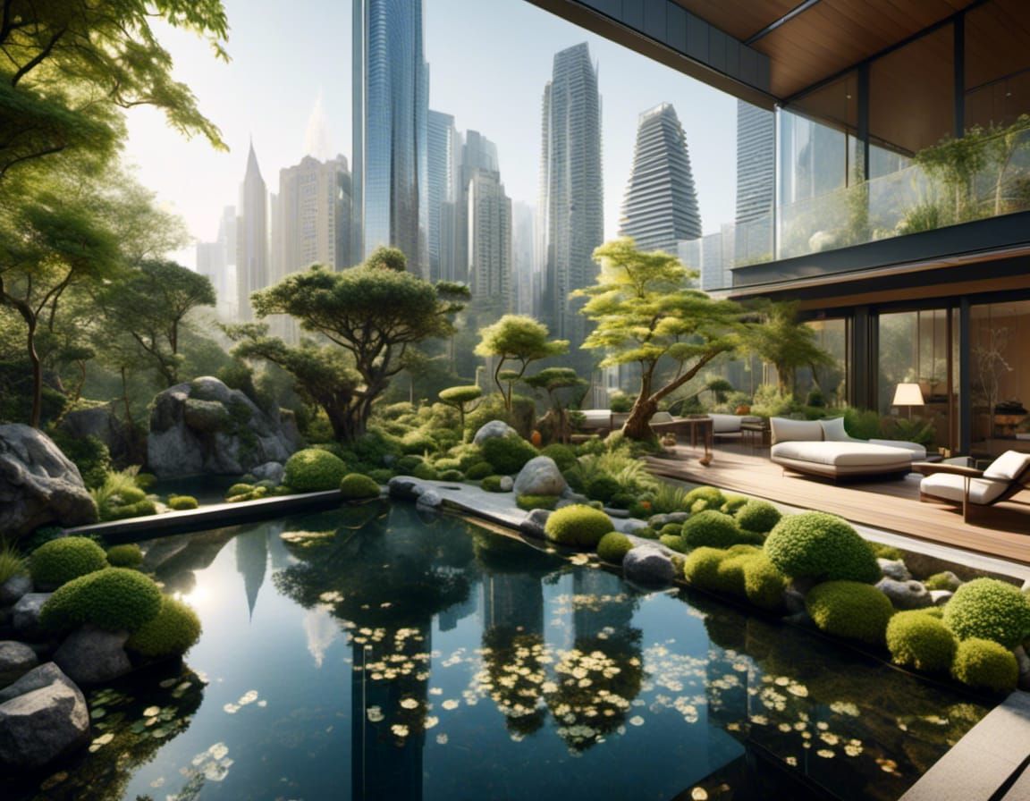 Small Japanese garden crowning a penthouse terrace, central to a futuristic urban skyline