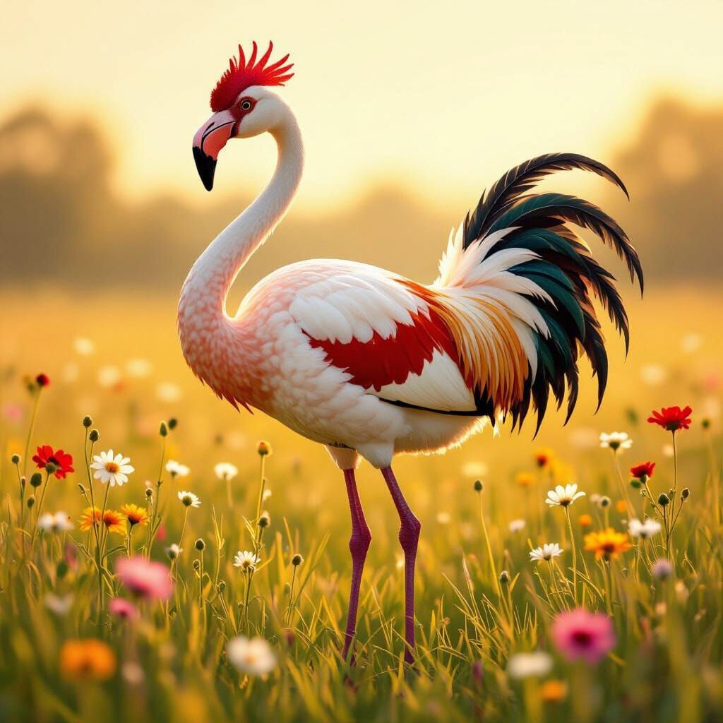 Surreal Flamingo-Chicken Hybrid in Sunlit Pasture