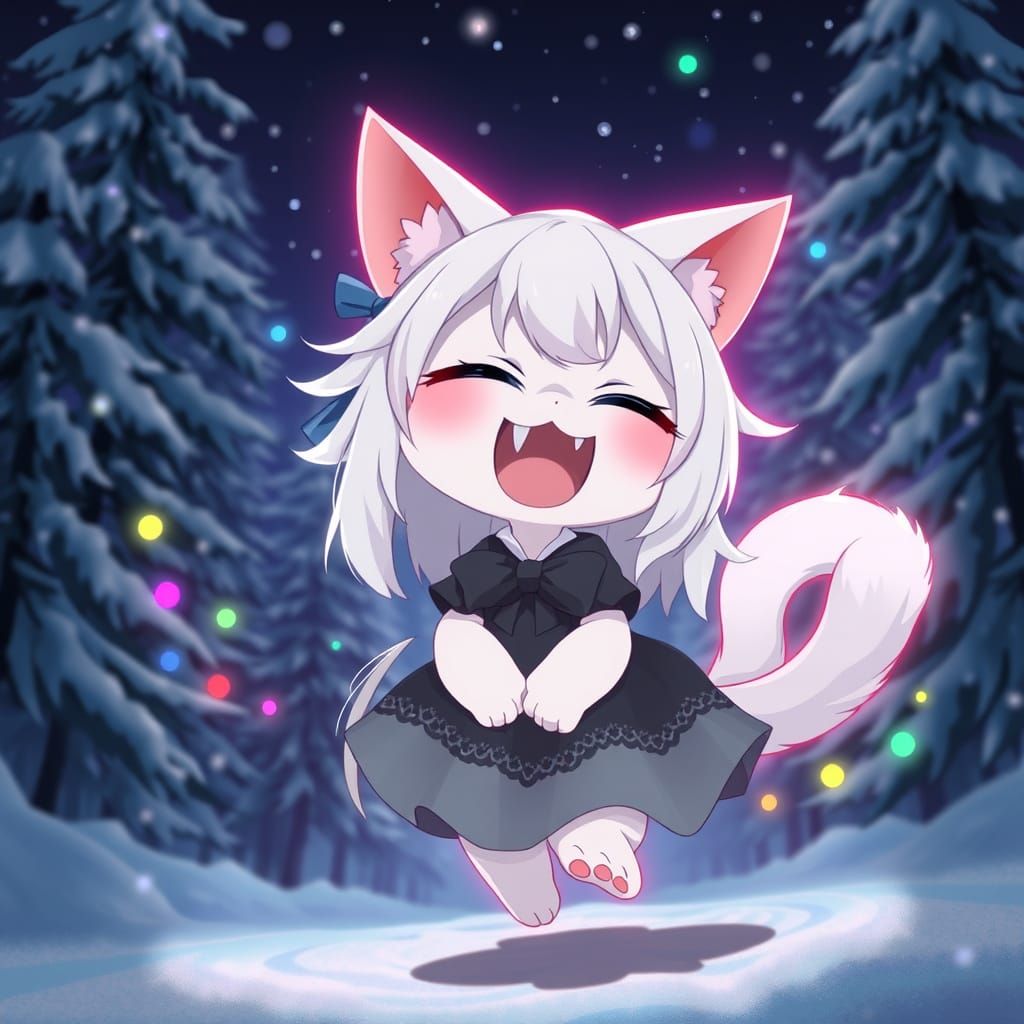 Synthwave Fairy Catgirl Soars in Winter Wonderland