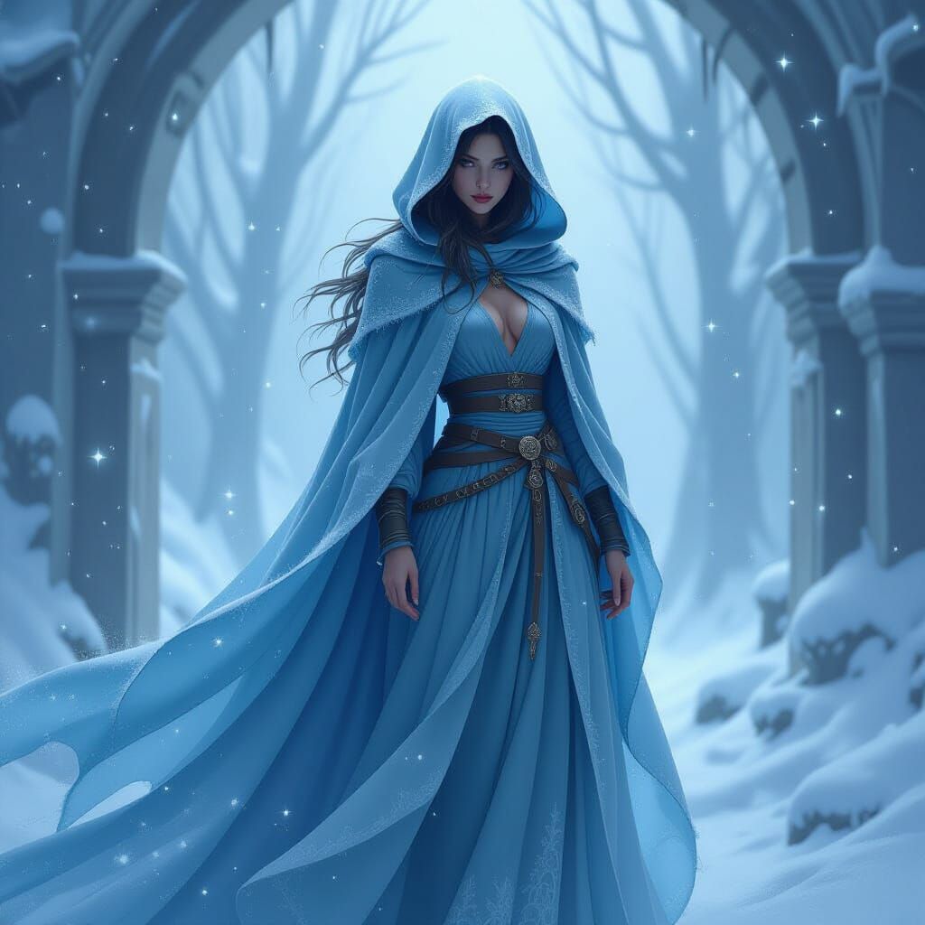 Ethereal Sorceress in Shimmering Frost and Stars