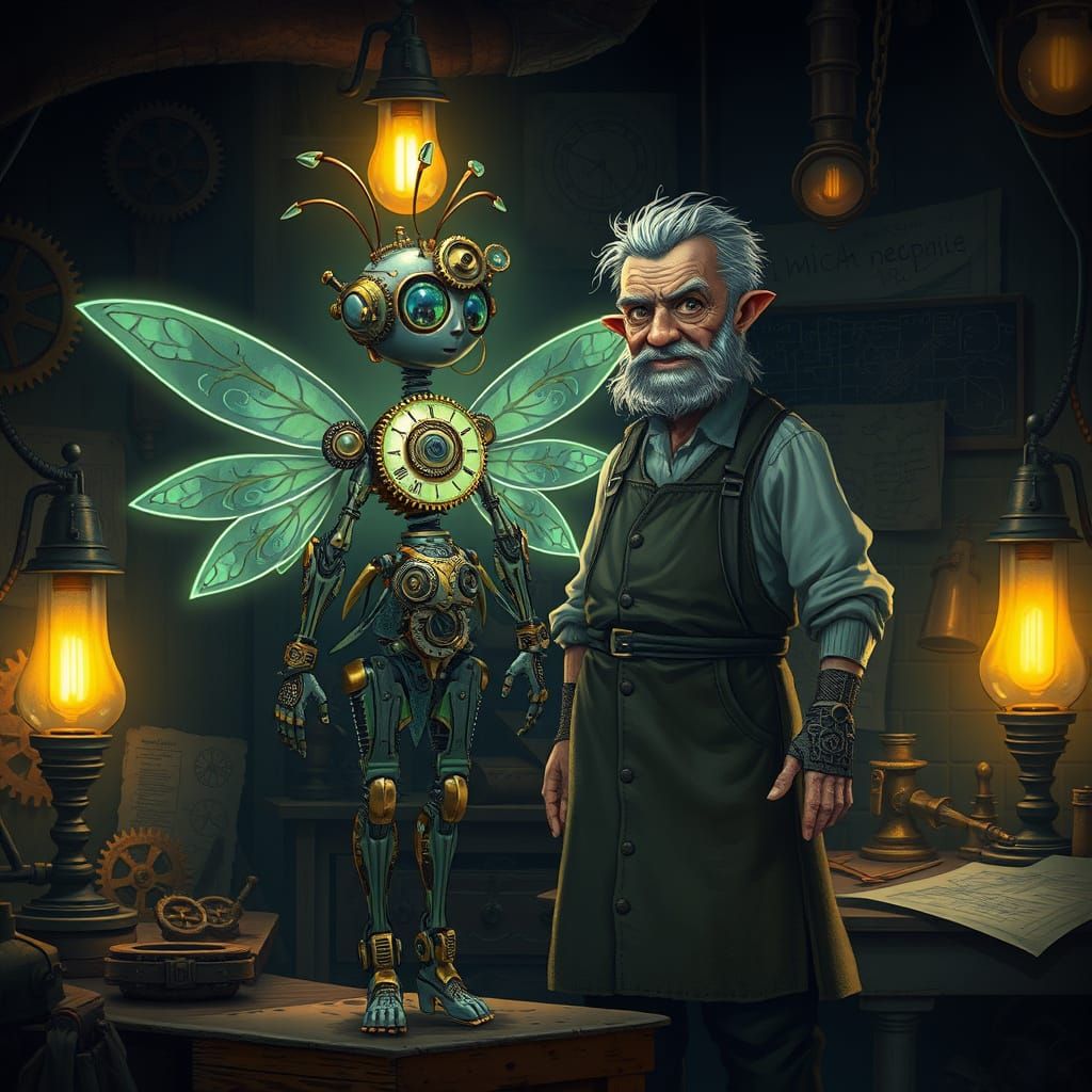 Steampunk Robot Fairy & Inventor in Workshop