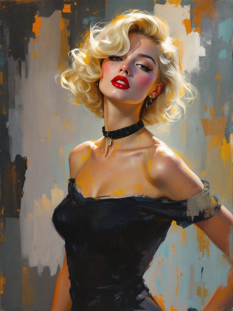 1950s Pin-Up Woman with Platinum Curls in Textured Impasto S...