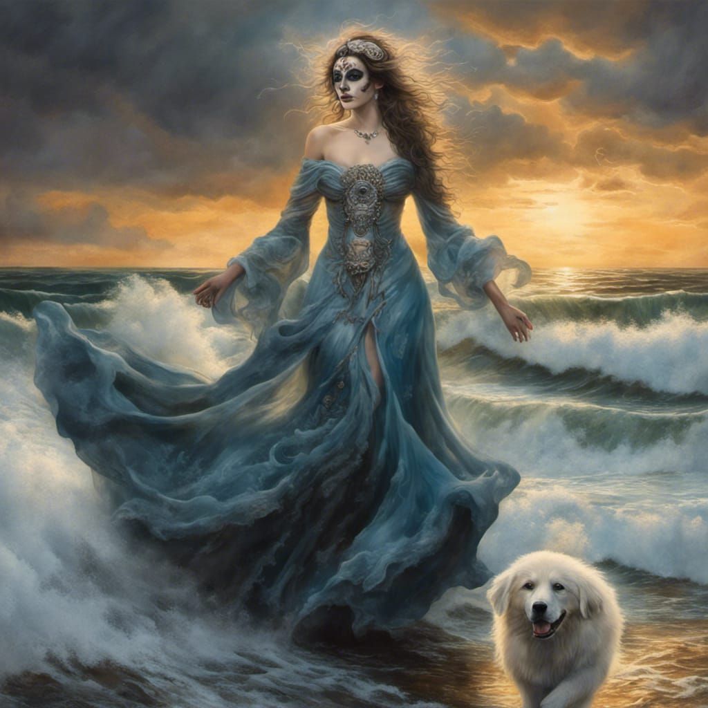 Gothic Día de los Muertos Goddess in Sea Storm