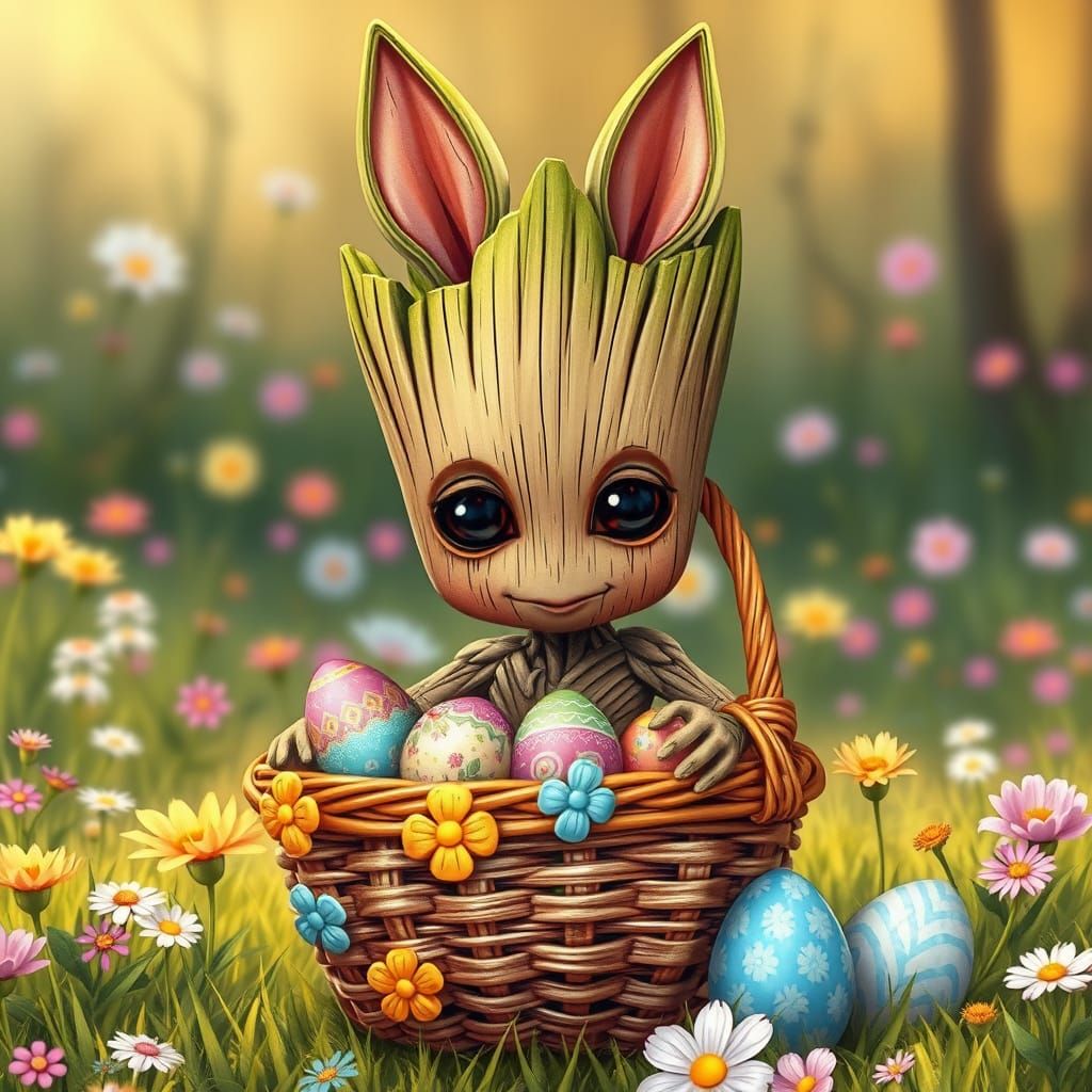 Whimsical Easter Scene with Baby Groot and Colorful Easter E...