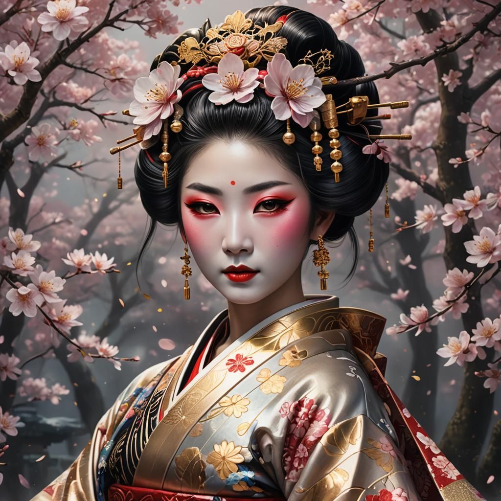 Beautiful Geisha Portrait with Cherry Blossoms