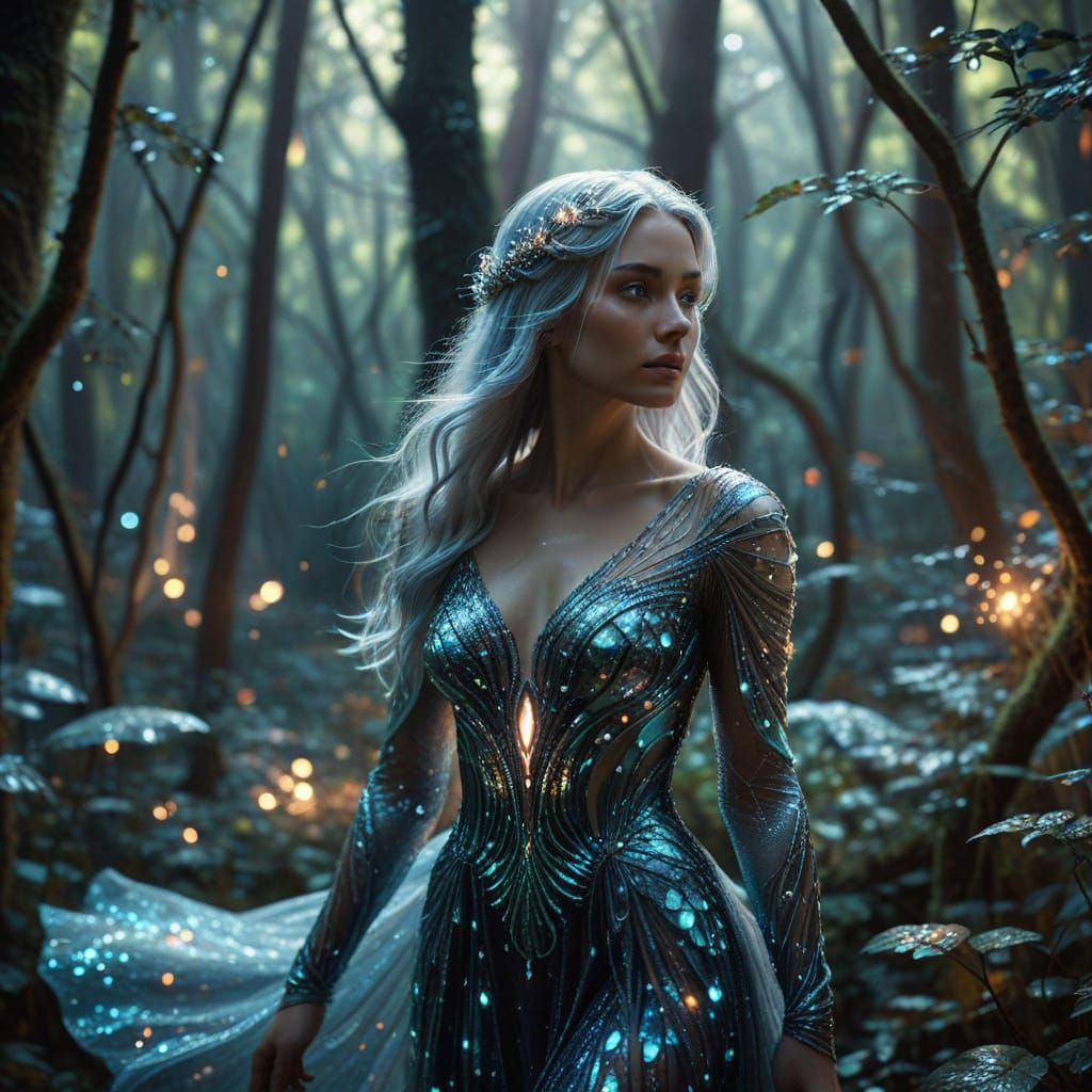 Ethereal Woman in Luminous Bio-luminescent Forest