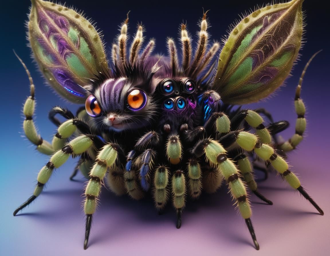 Biomechanical Kitten-Tarantula Hybrid in Eerie Forest