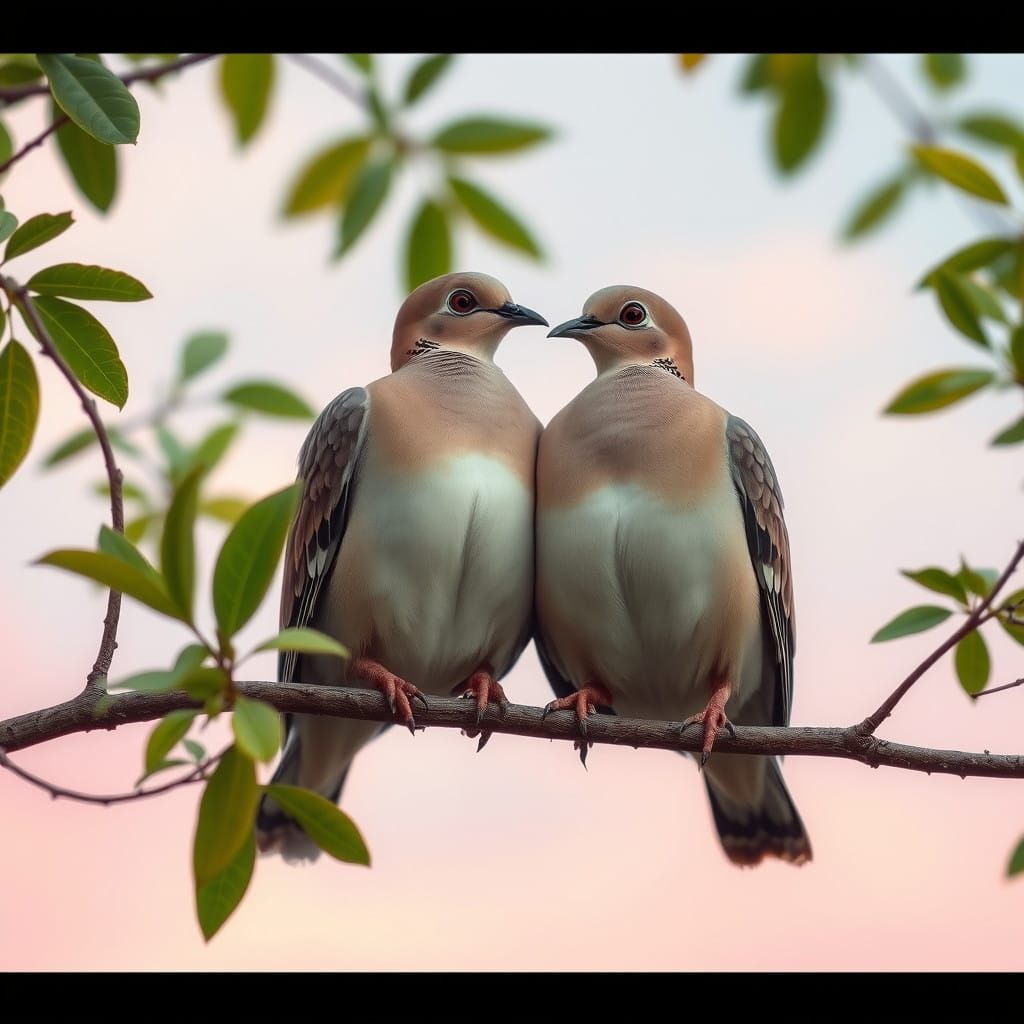 Intimate Turtle Doves Perched on a Lush Tree Branch