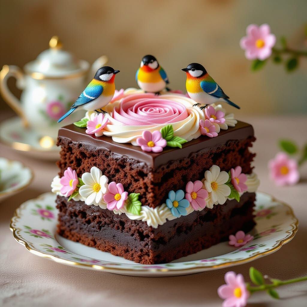 Colorful Fondant Brownie Sculpture with Birds