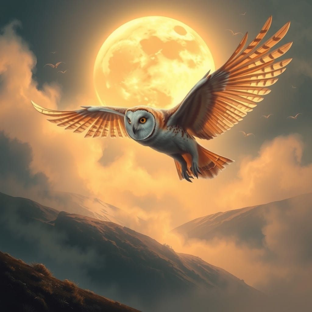 Majestic Barn Owl in Ethereal Flight, Fantasy Art