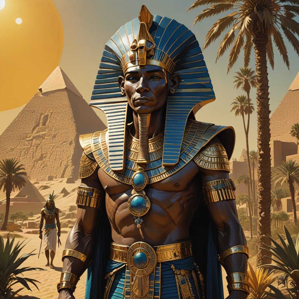 Ancient Pharaoh King in Golden Headdress and Egyptian Landsc...