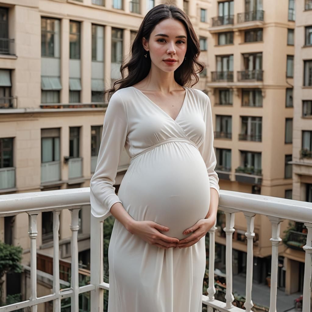 Slender Woman with Large Pregnant Belly in City