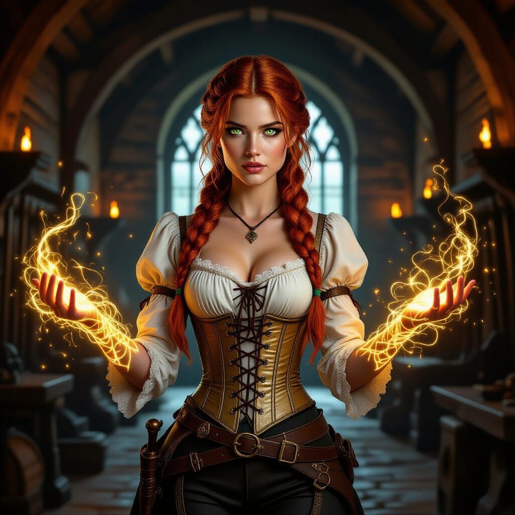 Fantasy Heroine with Runic Tattoos in Castle Armory