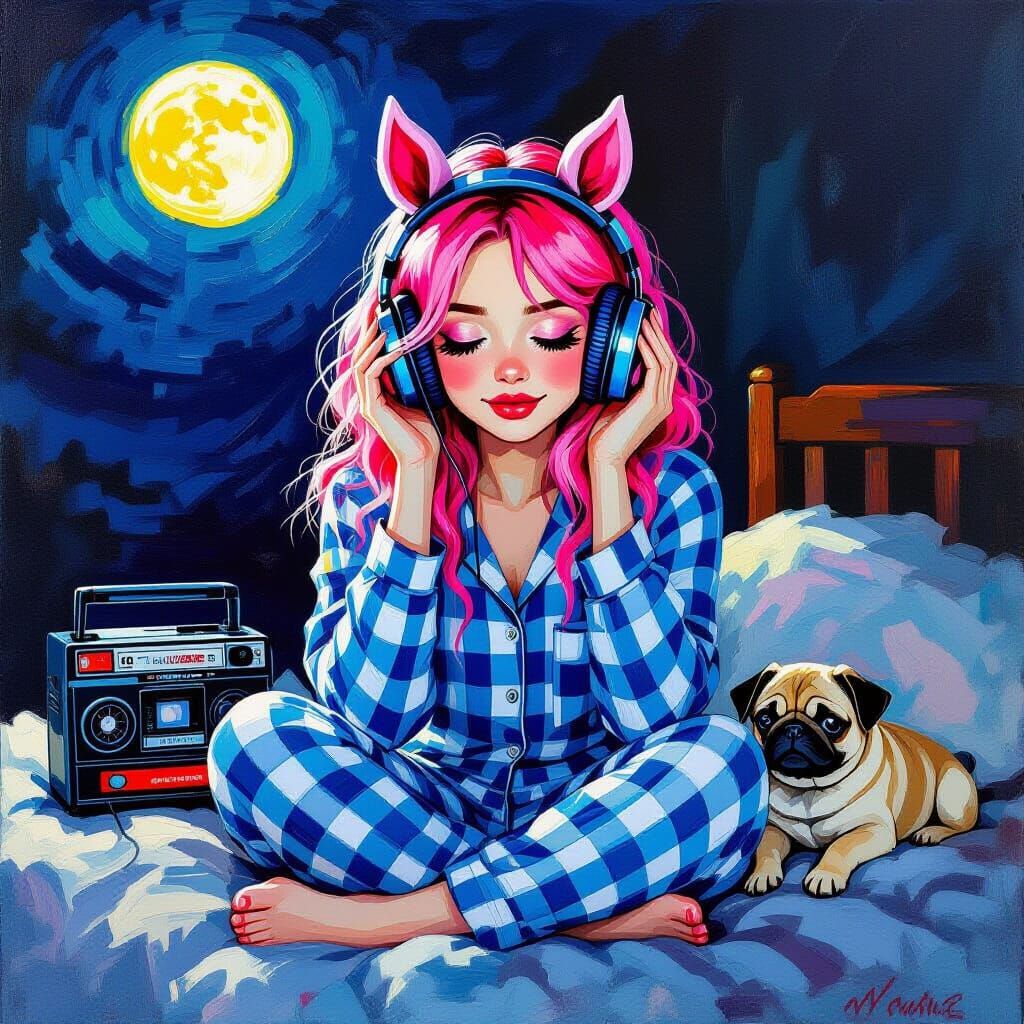 Pink Haired Girl with Horse Ears Listens to Cassette