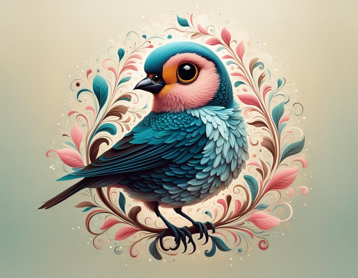 Cute Bird with Large Eyes, Illustrative Art