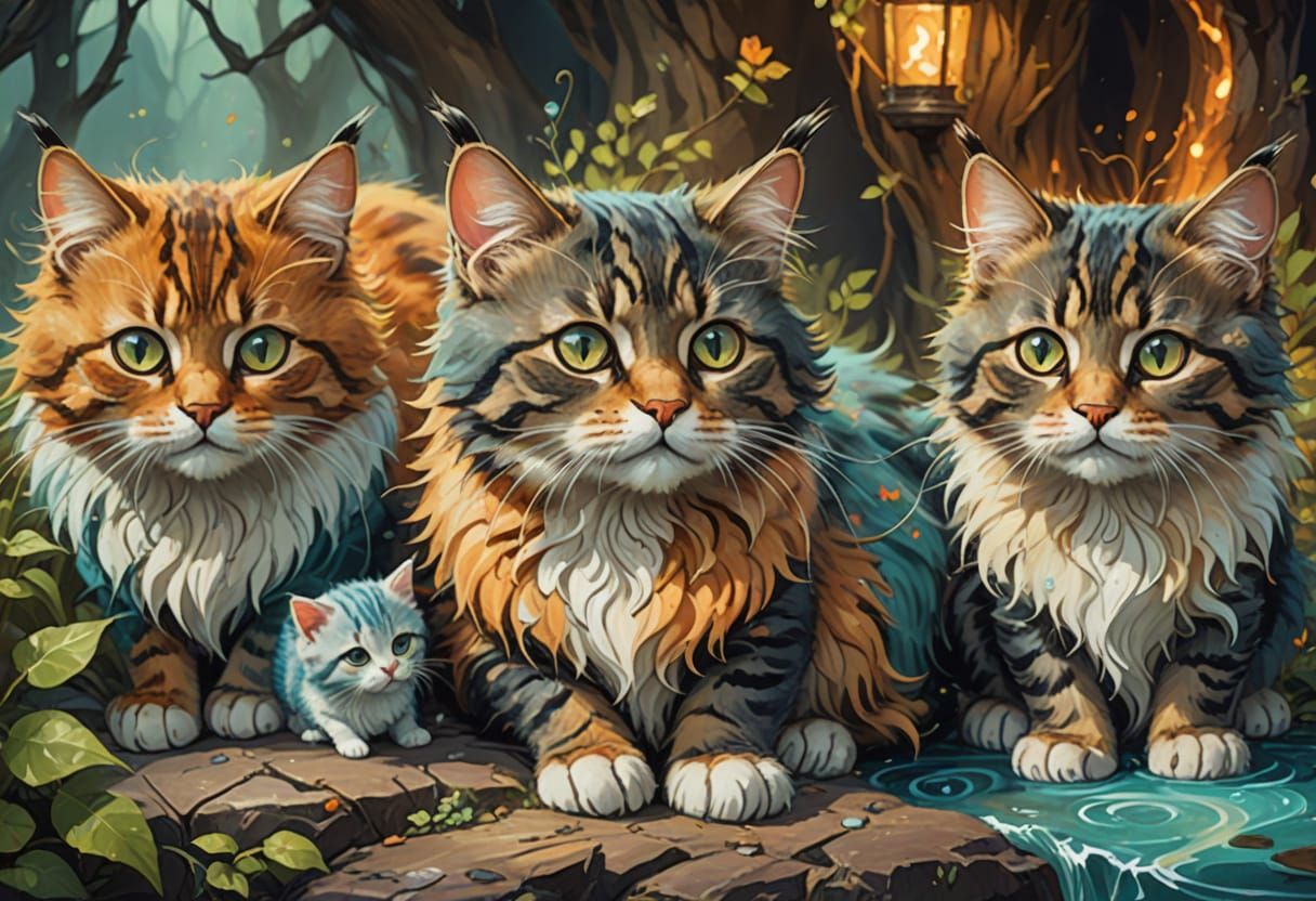 Cat Family Fantasy Concept Art Impasto Gouache Painting