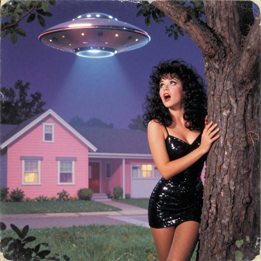 Woman Gasps at UFO Above Candy House in 80s VHS Style