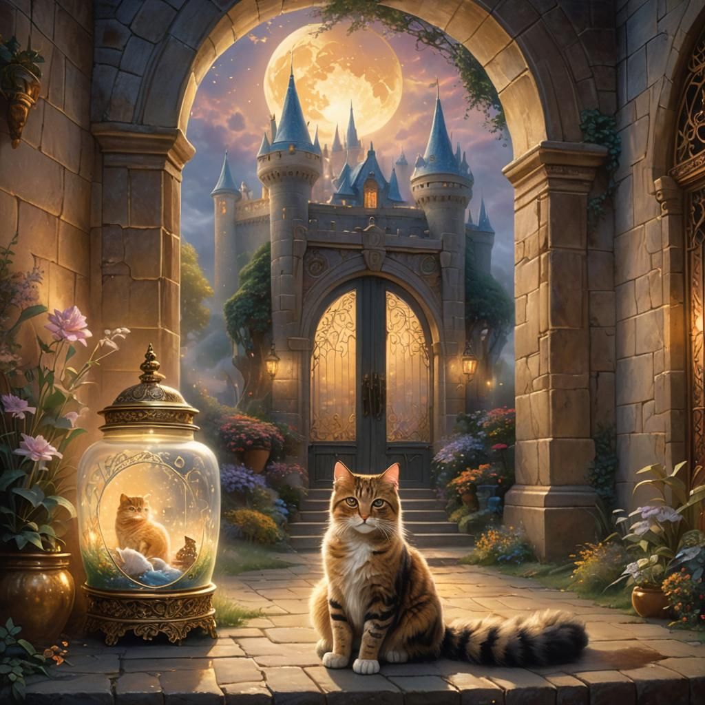 Queen of Cats in Glass Jar: Ethereal Fantasy Art