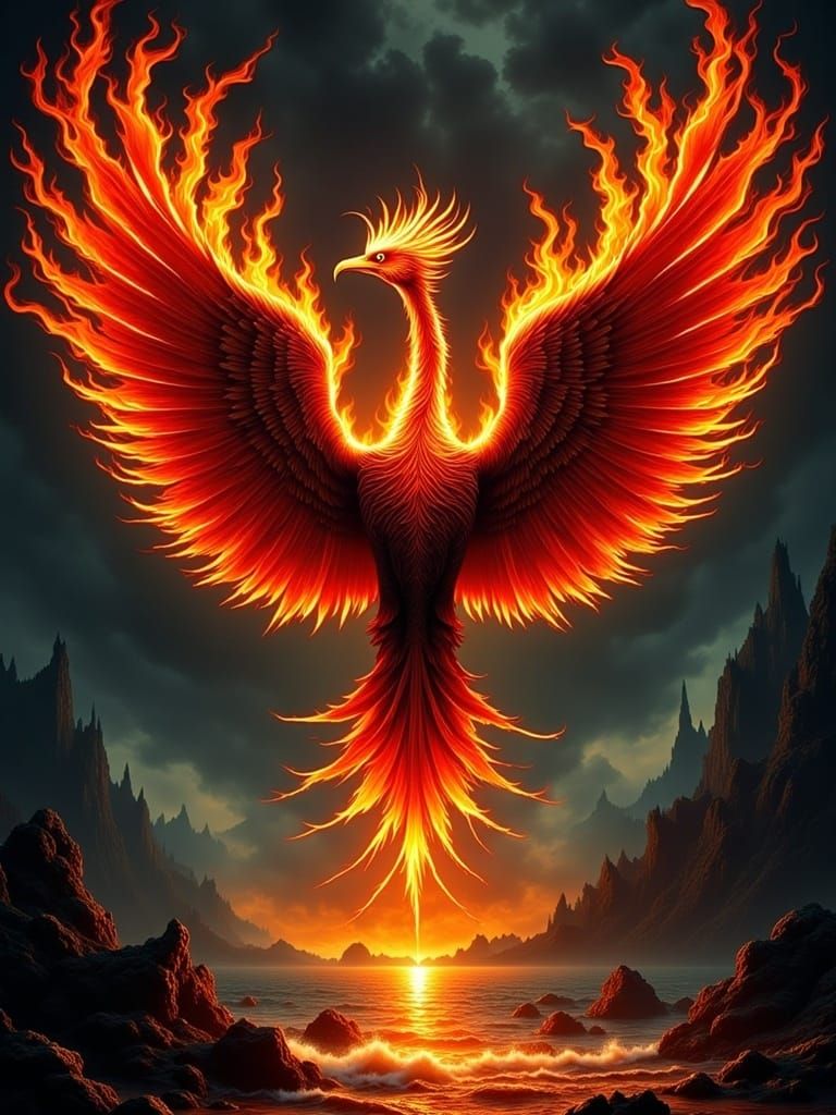 Fiery Phoenix with Bone Wings in Gothic Art Style