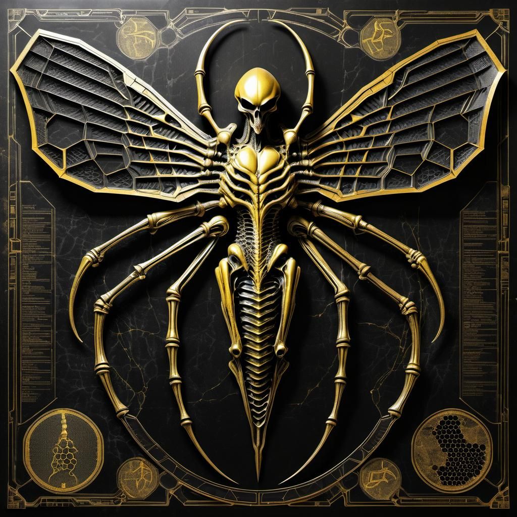 Honeycomb Xenomorph Silhouette in Ancient Art Style