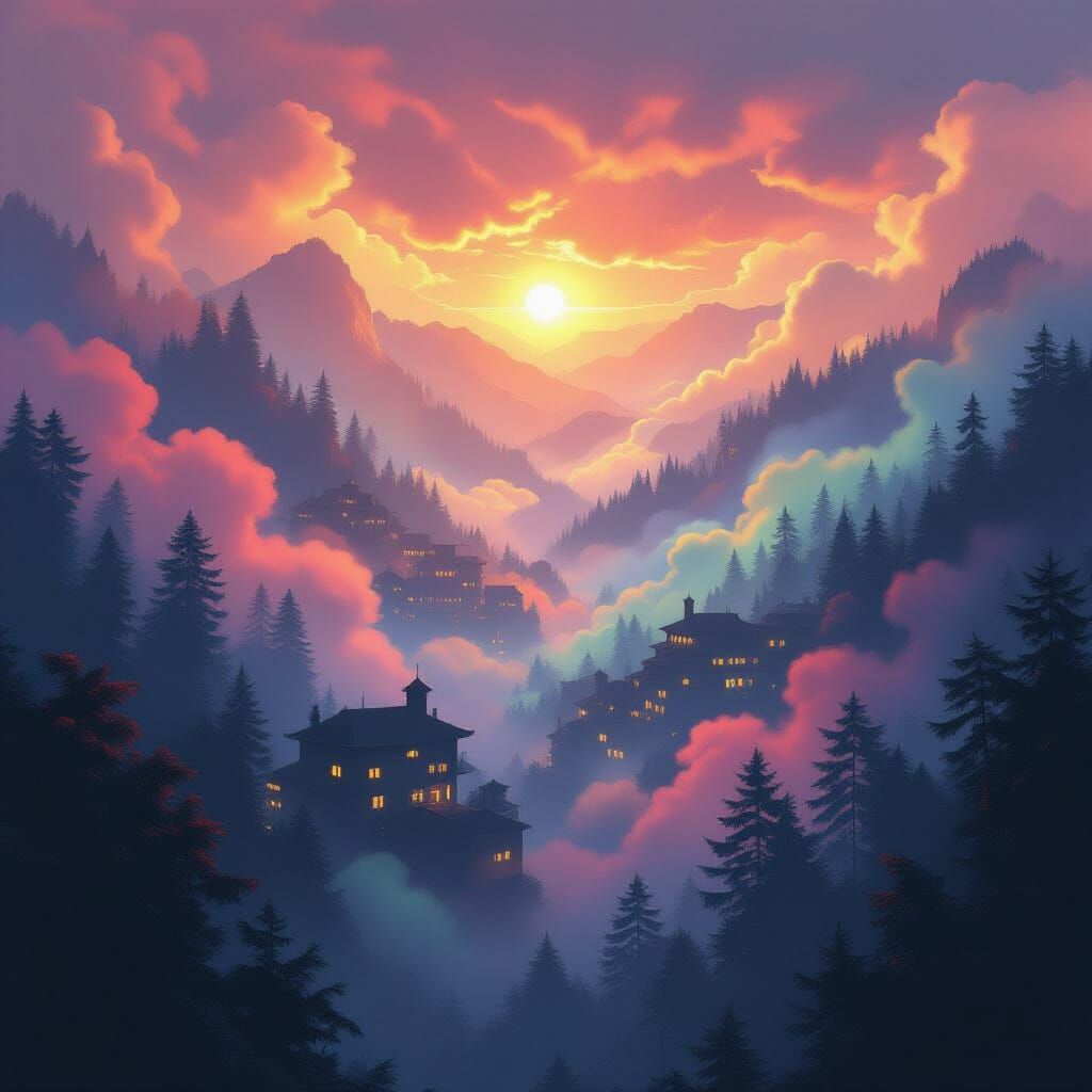 Surreal Forest Shrouded in Rainbow Fog