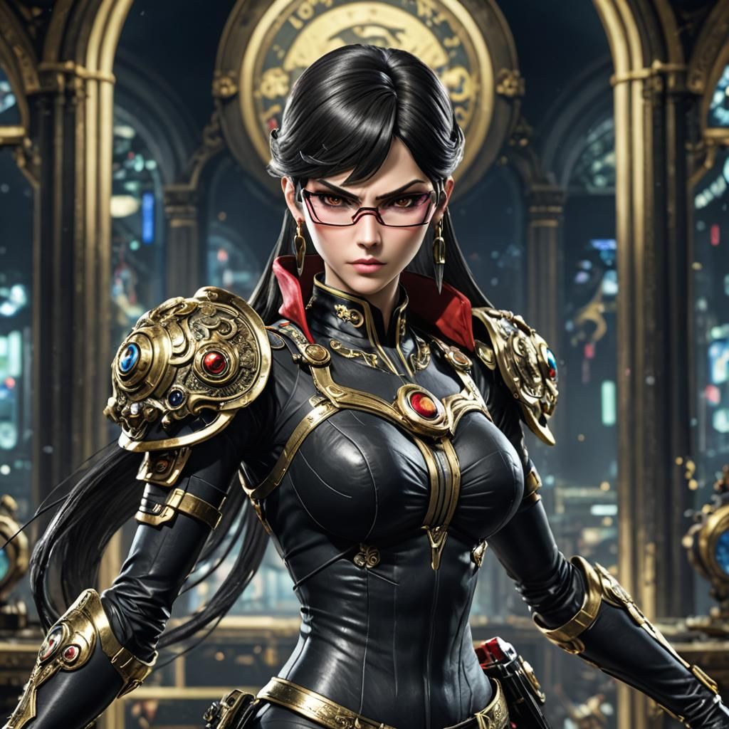 Gamer Hero (Bayonetta) in stand pose by Hideki Kamiya. Iintricate details, HDR, beautifully shot, hyperrealistic, sharp ...