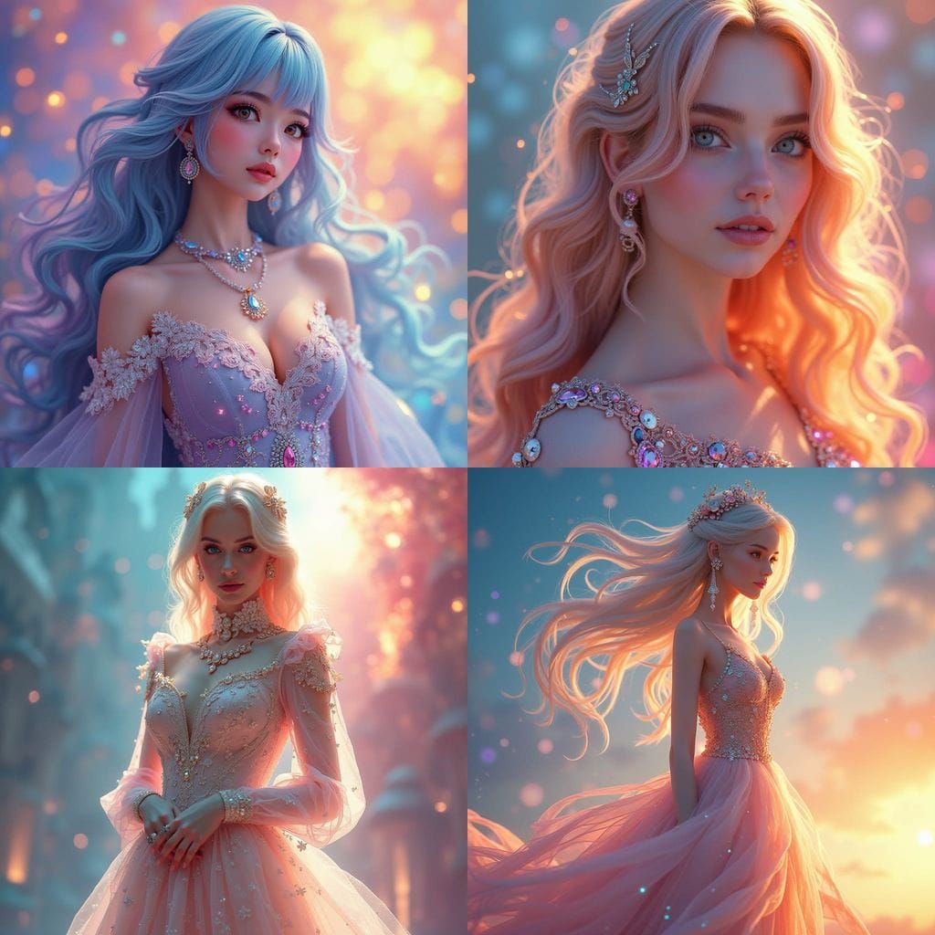 Ethnicless woman with ivory skin, iridescent, multicolored hair and crystalline eyes, donning an elaborate, floor-length...