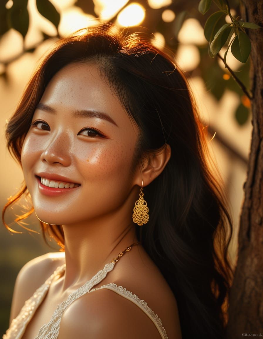 Korean Woman Smiling, Baroque Oil Painting in Golden Light