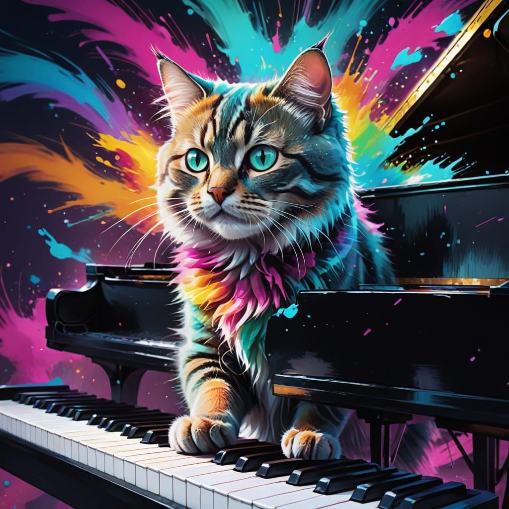 Whimsical Cat Plays Grand Piano in Vibrant Splash Art