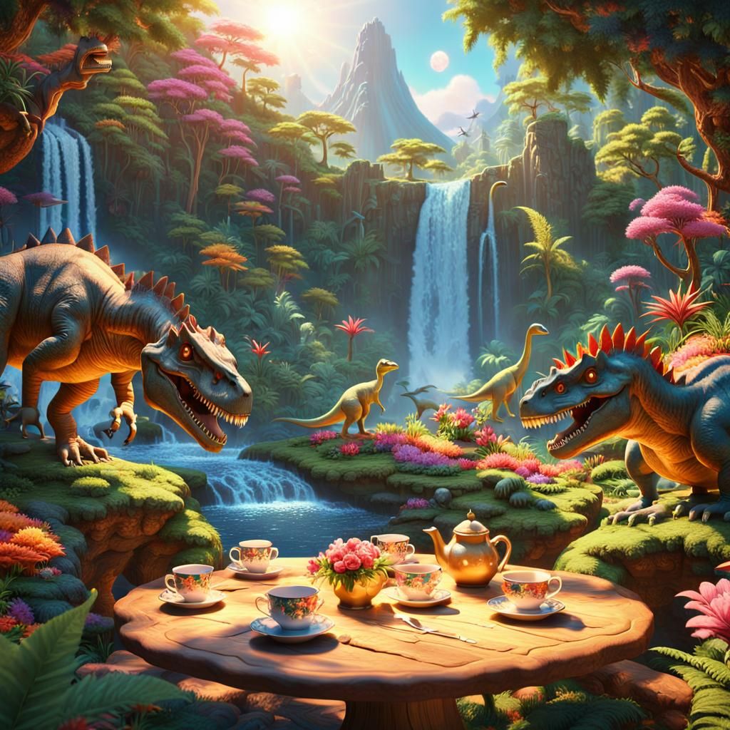 Dinosaurs Tea Party in a Sunny Forest, 3D Render
