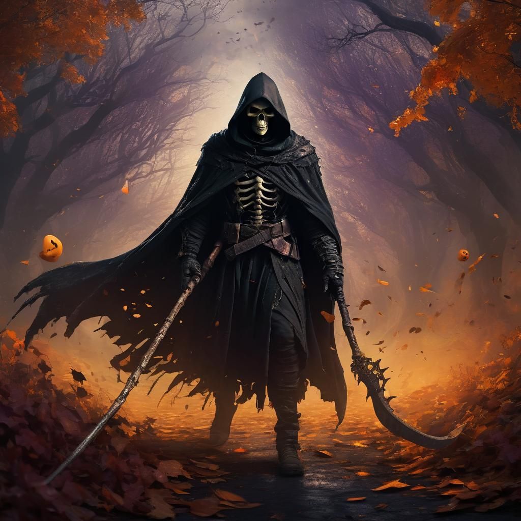 Grim Reaper in Autumn Mist: Dark Fantasy Art