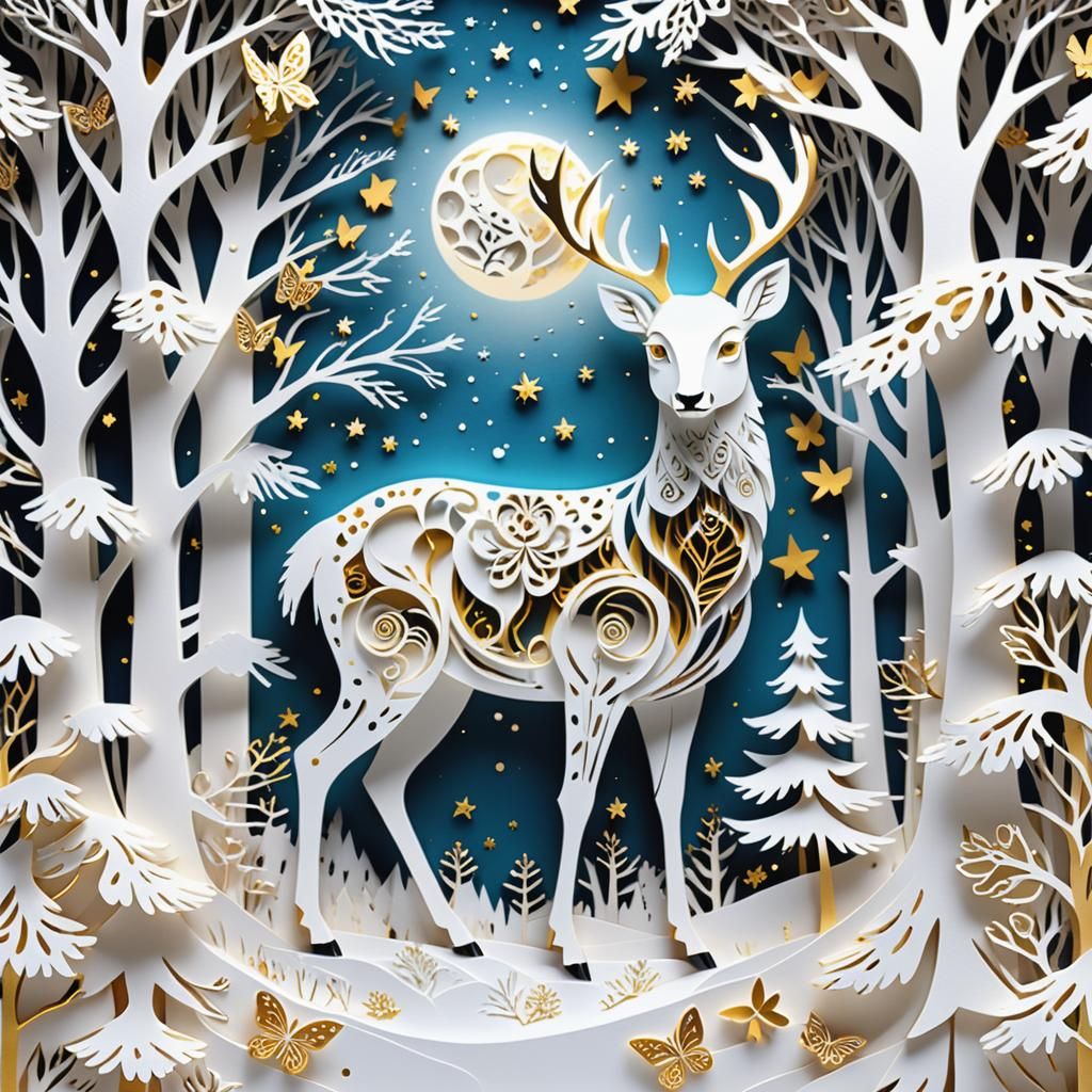 Kirigami White Deer in Snowy Forest with Owl