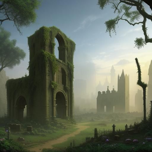 Monolith and Ruins in Ethereal Desert Landscape