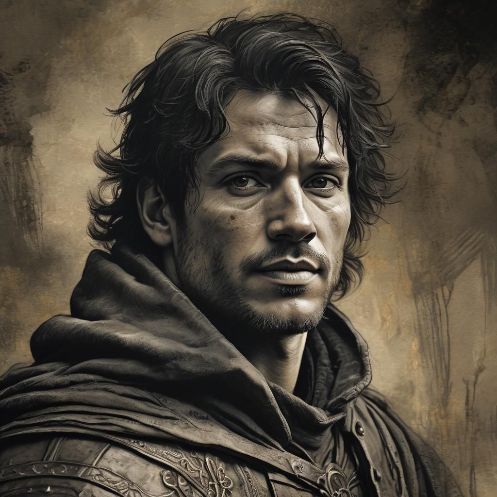 Medieval Ranger in Earthy Tones, Charcoal Drawing