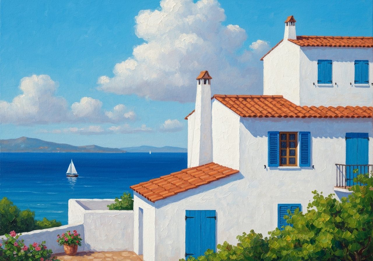 Impressionist Painting of Coastal House by the Sea