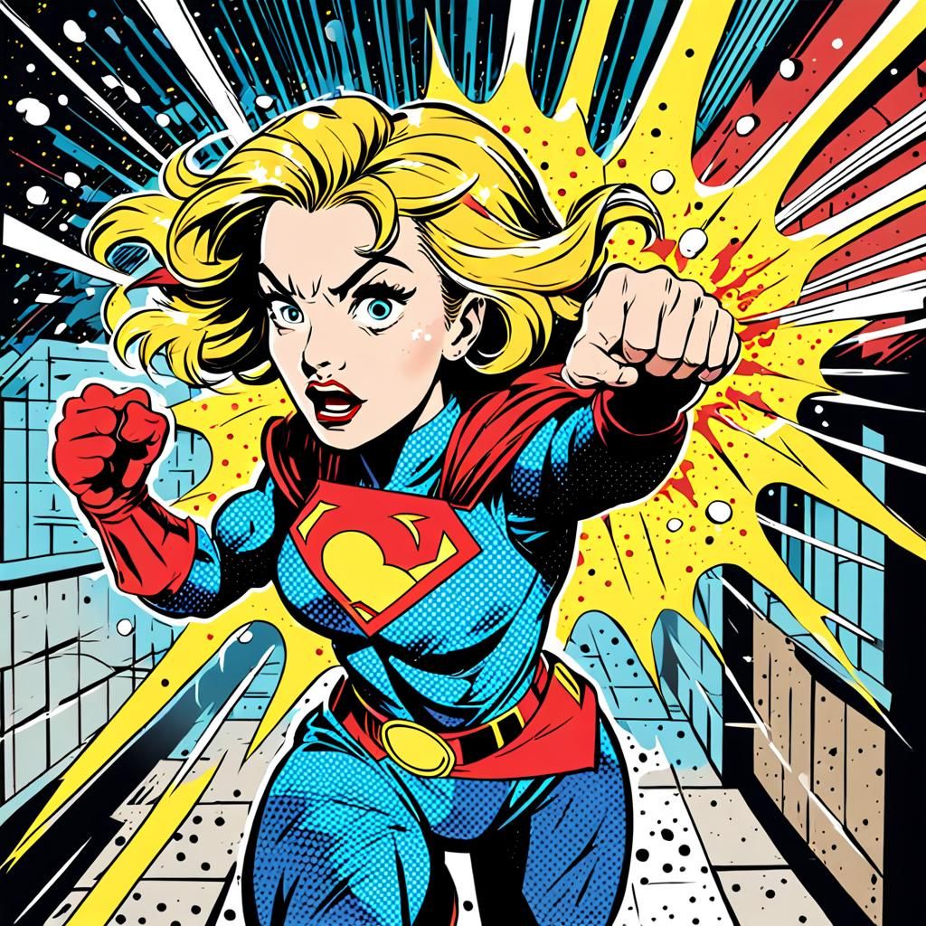 Superheroine Punches Crime: Pop Art Comic Book Panel
