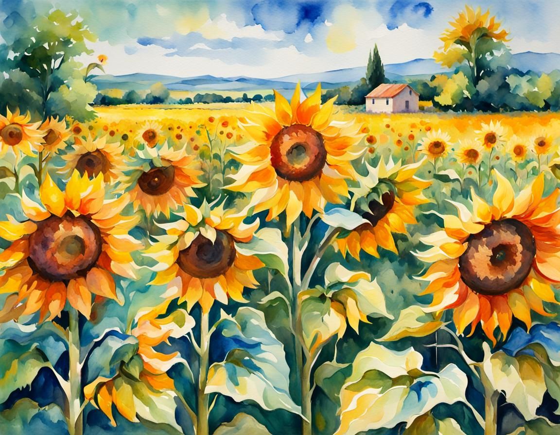Colorful Summer Sunflower Field in Gouache Style