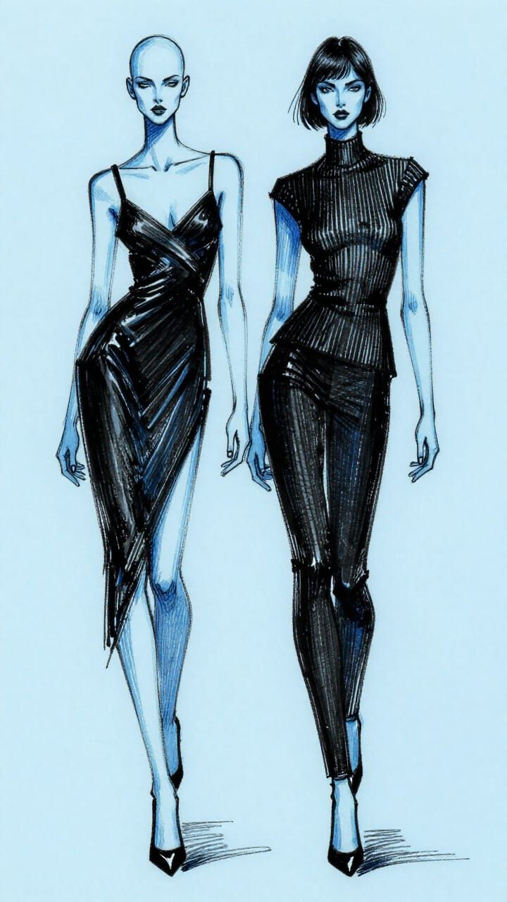 Fashion Illustration: Two Stylized Figures in Black and Blue...