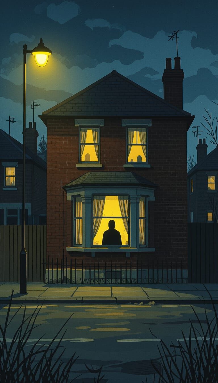 Eerie 1970s London House with Shadowy Figure, Horror Art