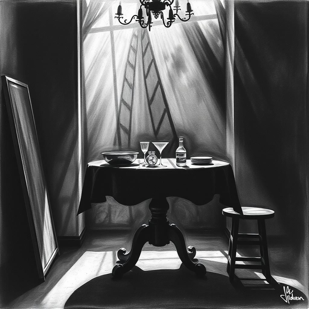 Dramatic Table in Chiaroscuro: Hyperdetailed Charcoal Art