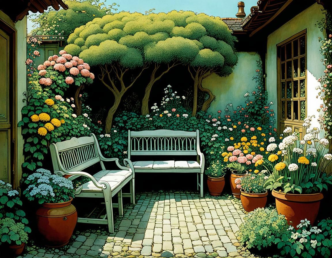 Victorian-Era Seating Area in a Blooming Garden