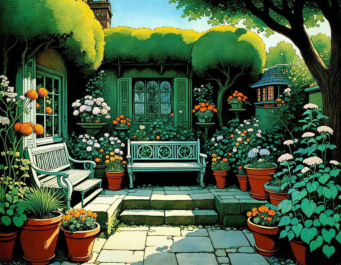 Victorian-Inspired Seating Area Amidst a Vibrant Blooming Ga...