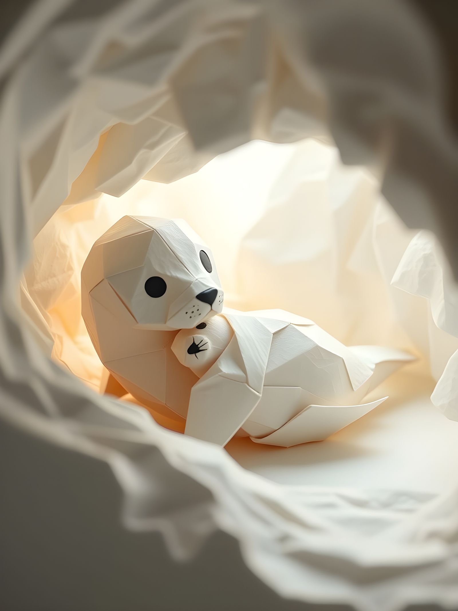 Origami Harp Seal Family in Ice Cave