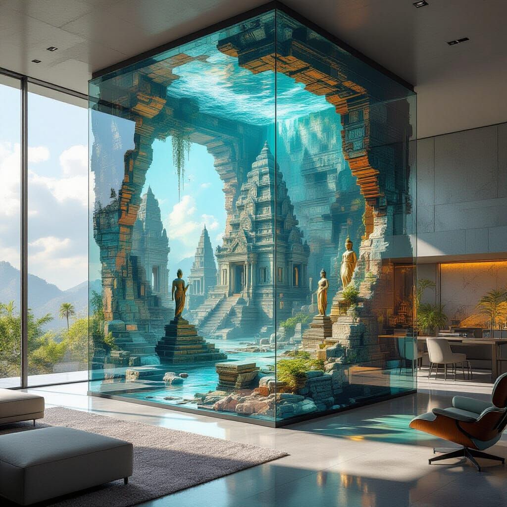 Crumbling Civilization Encased in Glass, Dreamlike Render