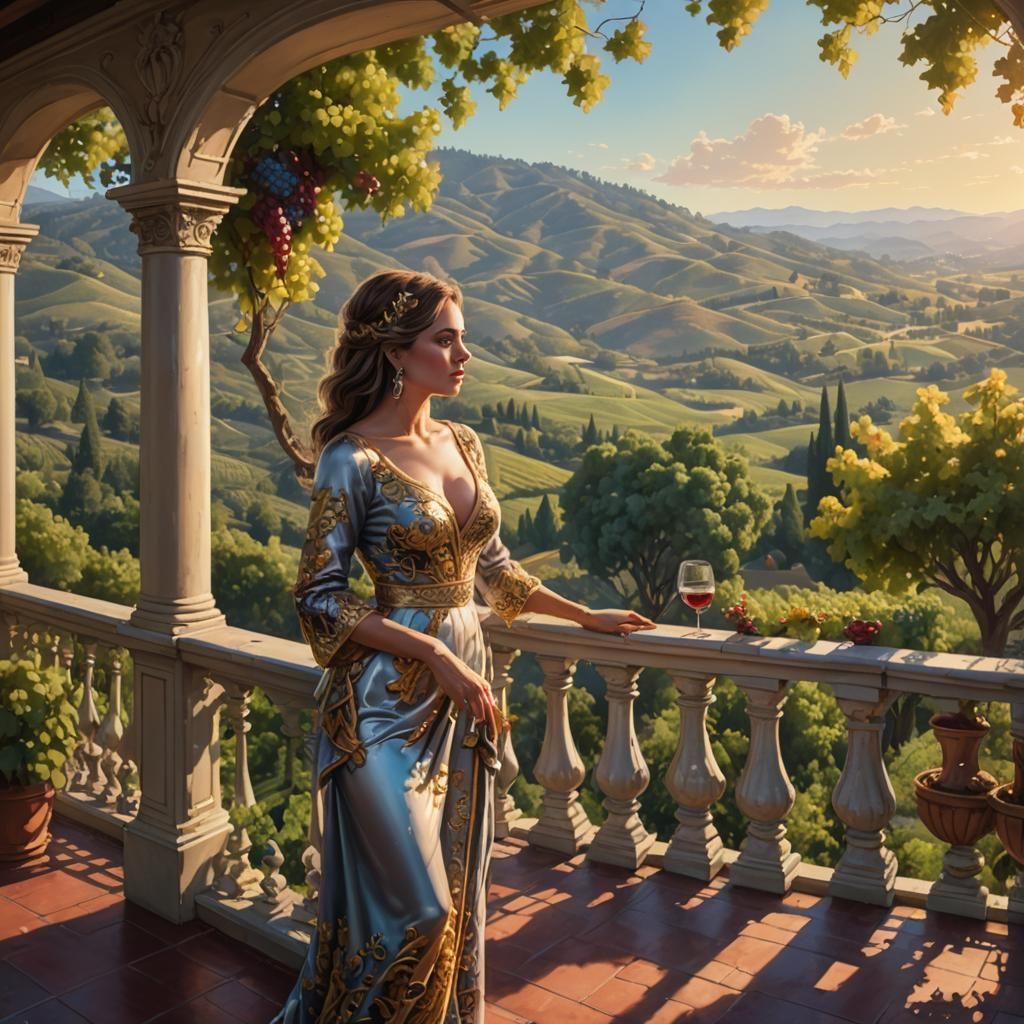 Extremely opulent mansion balcony looking out on Napa Valley...