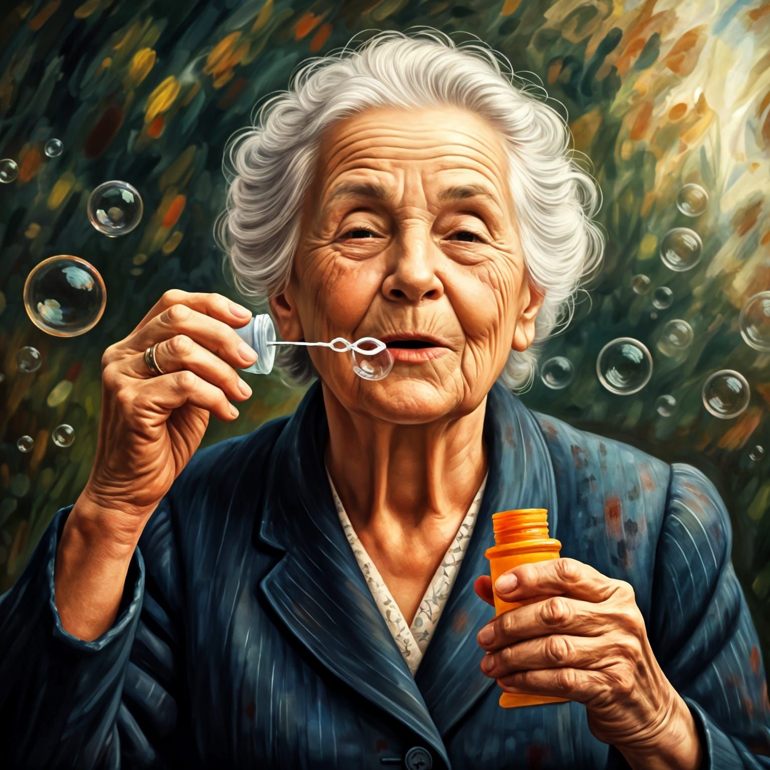Happy Old Woman Blowing Bubbles in Impressionist Style