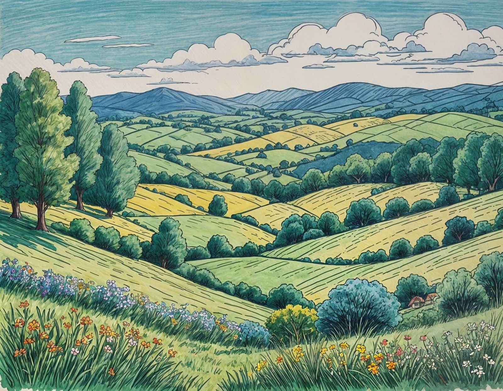 Blue Pen Doodle of a Beautiful Landscape